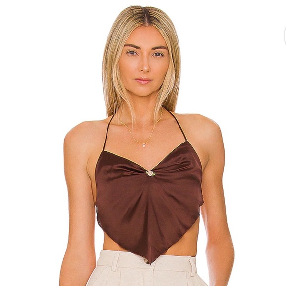 MORE TO COME | Veronica Silk Tie Halter Top in Brown with rosette - Picture 2 of 6